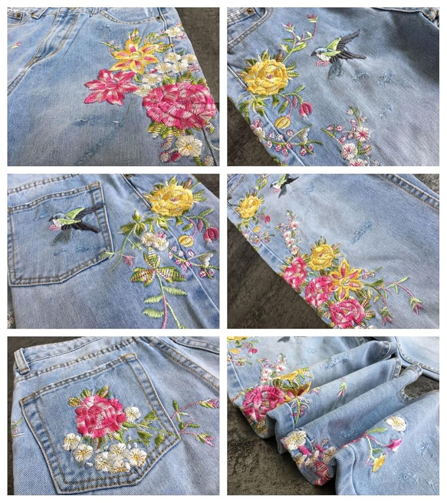 RSBFK High Waist Cropped Ankle Jeans for Women Bird Floral